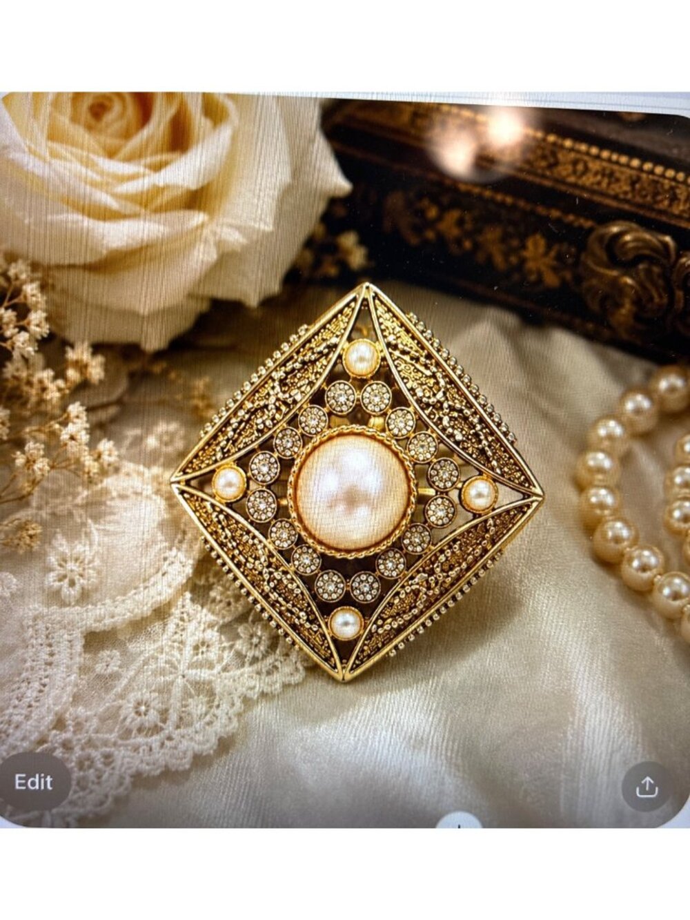 Vintage Made in USA Faux Pearl Rhinestone Gold Tone Diamond Brooch 2" - Picture 3 of 8